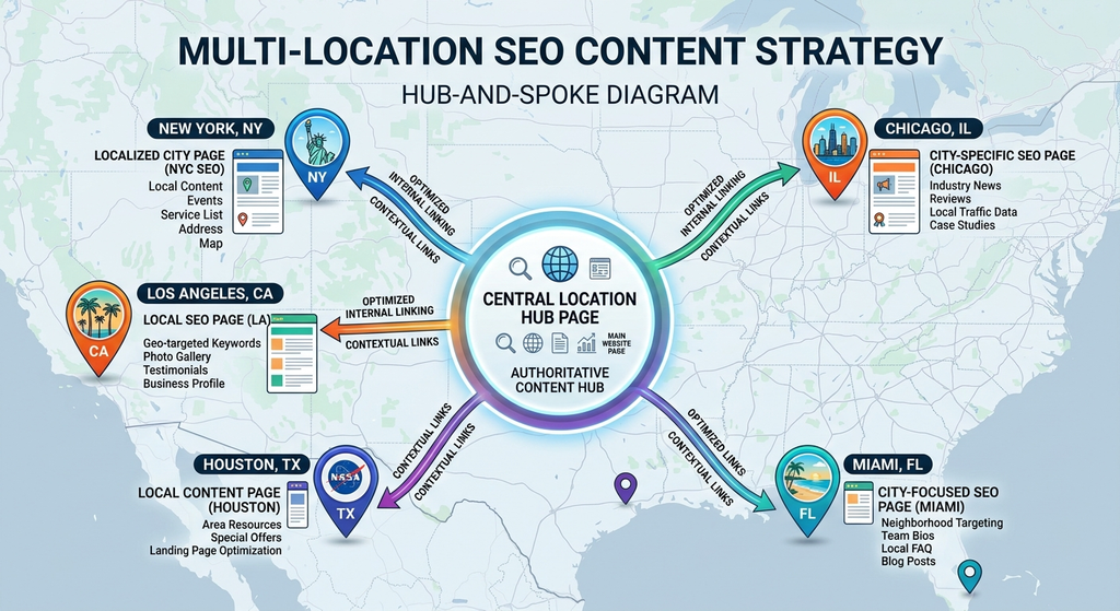 Multi location SEO content strategy hub and spoke diagram