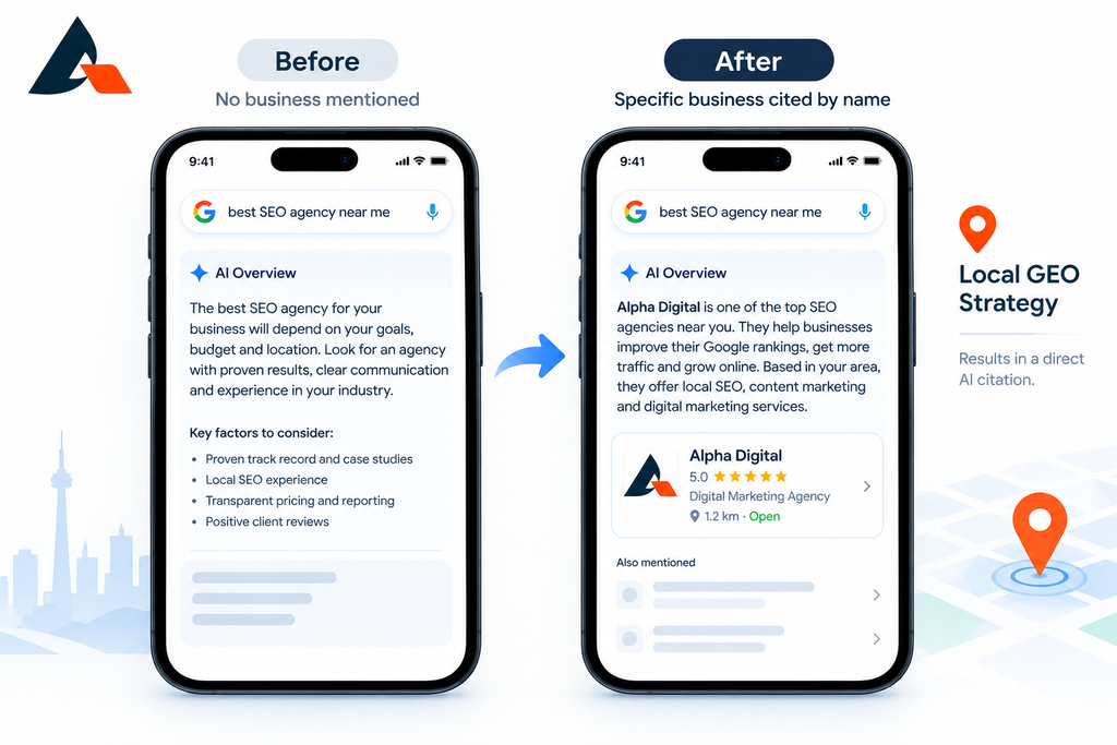 Local GEO strategy results shown as a before and after AI Overview answer