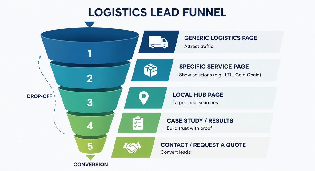 Logistics SEO funnel moving from generic page to specific service and location pages.