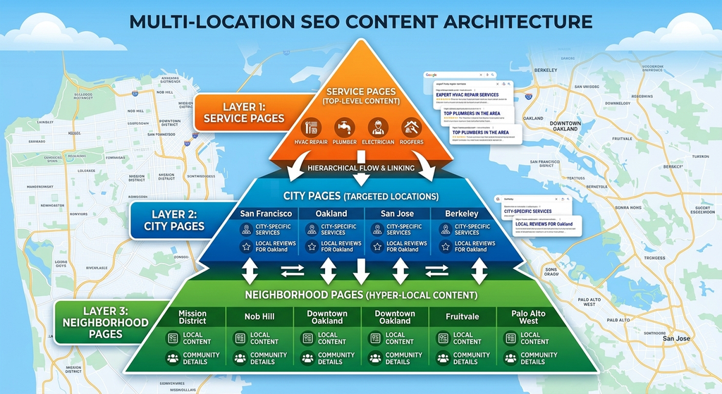 Three layer multi location SEO content architecture