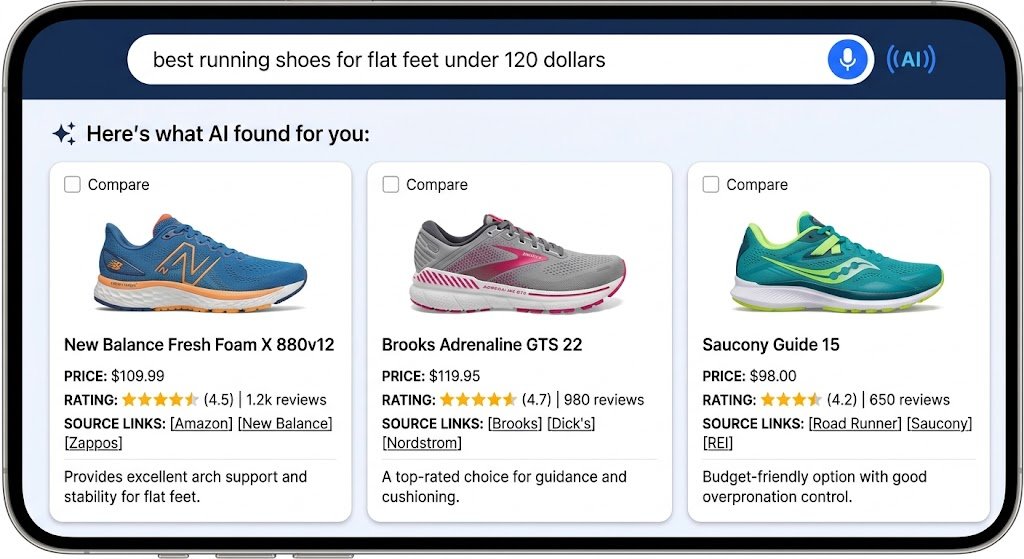 AI shopping search results showing three product picks with price, rating and source links
